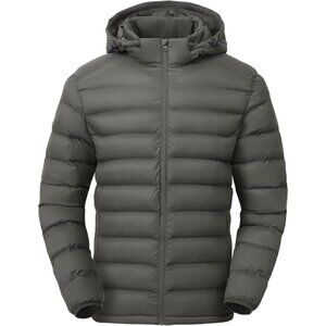 Men’s Gray 100% Nylon Hooded Zip-Up Lightweight Warm Winter Puffer Jacket